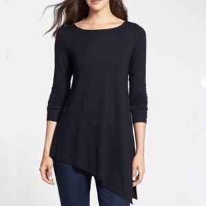 Eileen Fisher Bateau Neck Long Sleeve Asymmetrical Black Jersey Tunic